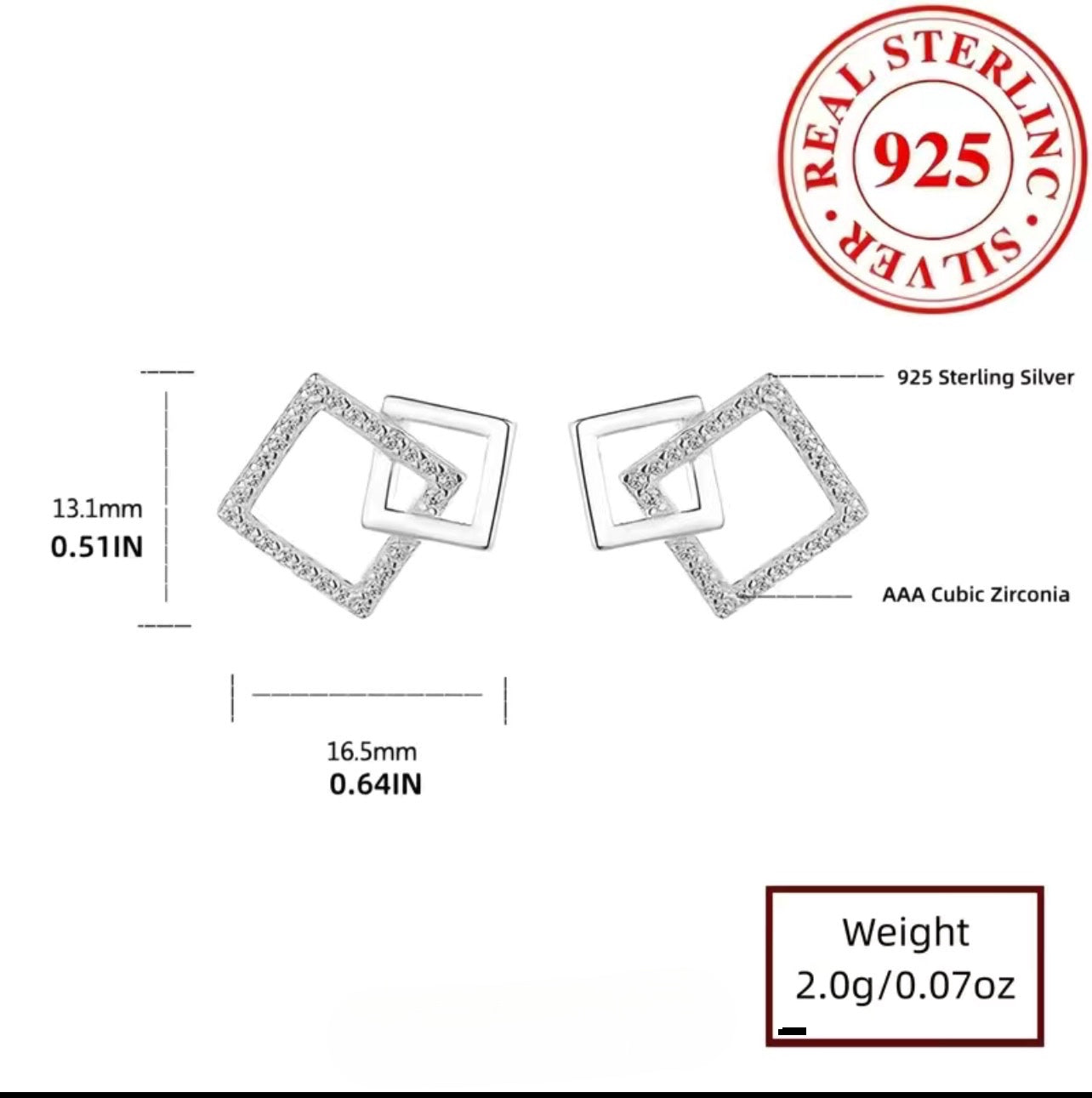 925 Sterling Silver - Double Square Stud Earrings