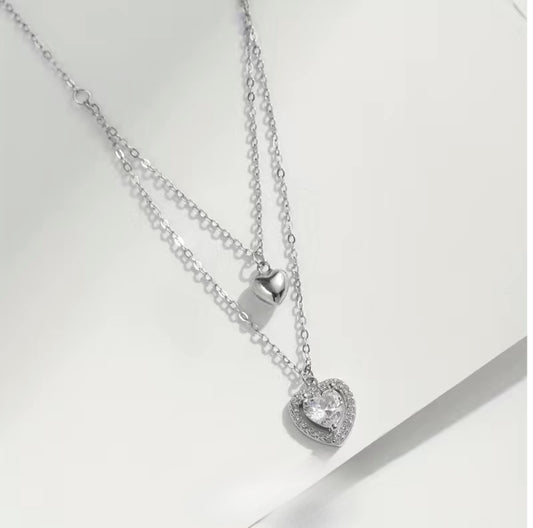 925 Sterling Silver - Double Layer Heart Pendant Necklace