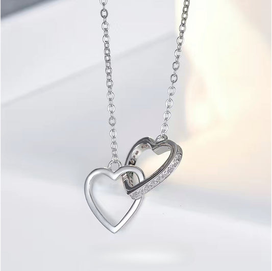 925 Sterling Silver - Double Ring Heart Necklace