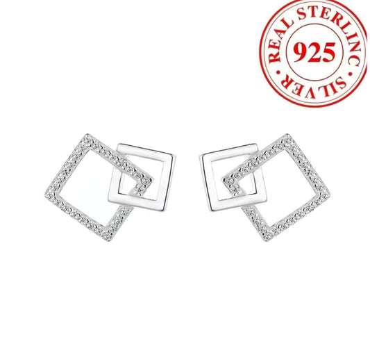 925 Sterling Silver - Double Square Stud Earrings